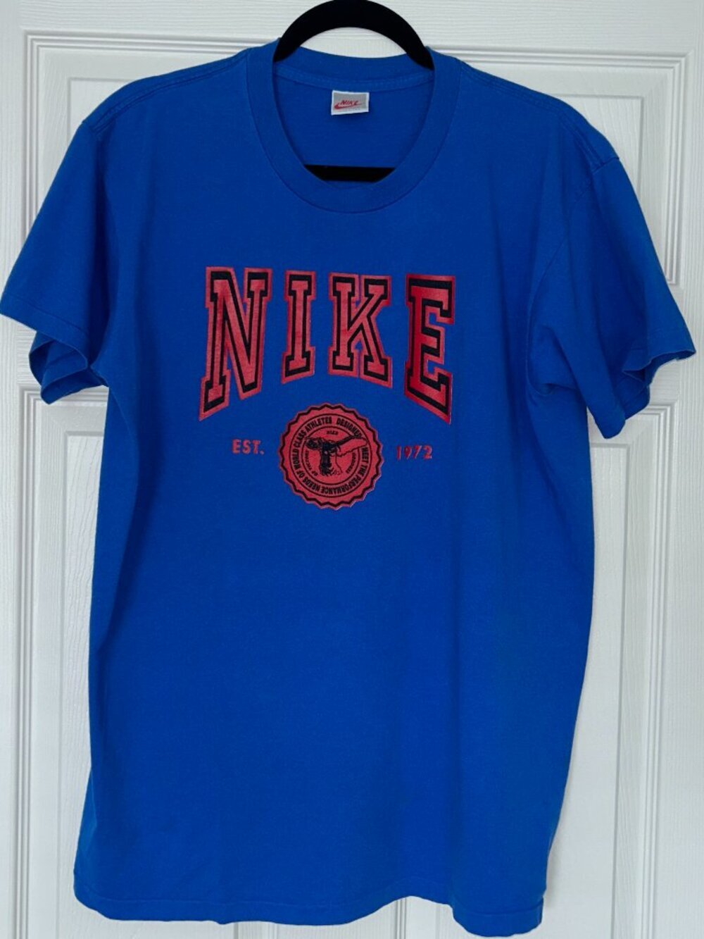 Vintage 90s Nike T Shirt Mens Large Made USA Blue Red Spellout Est 1972